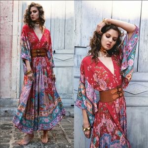 Lotus Kimono Gypsy Gown Dress S peacock boho spell free spirit long maxi red